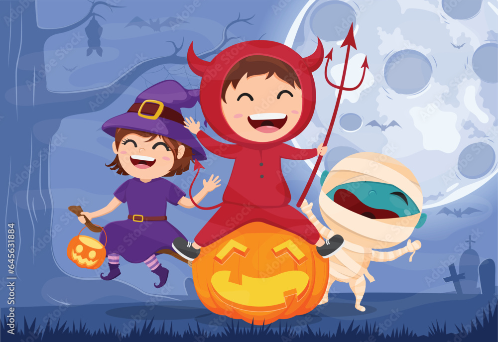 Naklejka premium Halloween Kids Costume cartoon, isolated with moonlight background