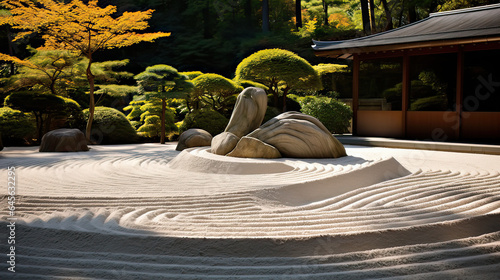 A serene Zen garden with raked sand and stones. AI generative