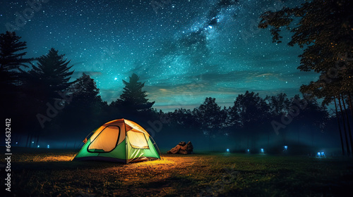 A nighttime campsite with a glowing tent under a starry sky. AI generative