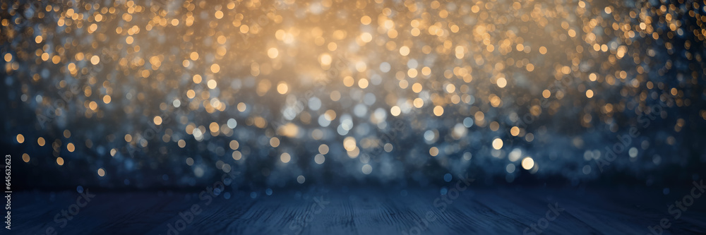 Background with dark blue wooden base and bokeh golden lights Background with dark blue wooden base and bokeh golden lights