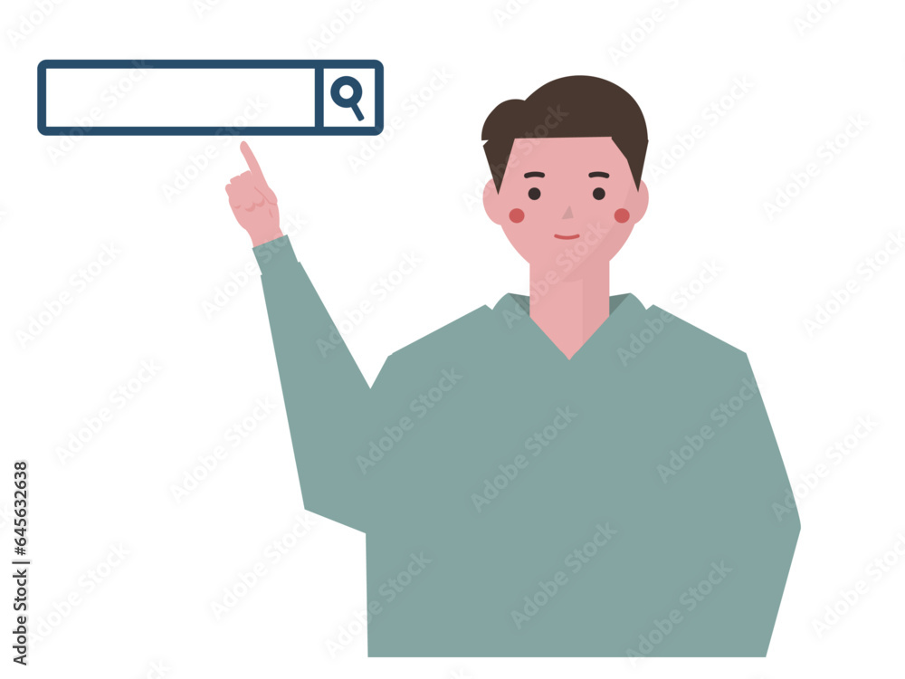 検索ボックスとインターネットで検索をする男性。検索窓。ベクターイラスト 検索ボックスとインターネットで検索をする男性。検索窓。ベクターイラスト