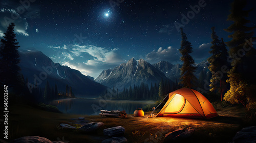 A nighttime campsite with a glowing tent under a starry sky. AI generative photo