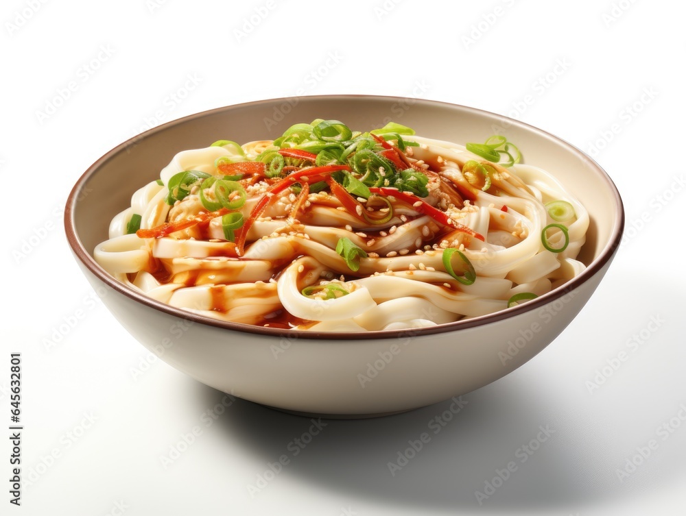A bowl of udon noodle soup, featuring thick wheat noodles in a savory broth, Japanese dish. A bowl of udon noodle soup, featuring thick wheat noodles in a savory broth, Japanese dish.
