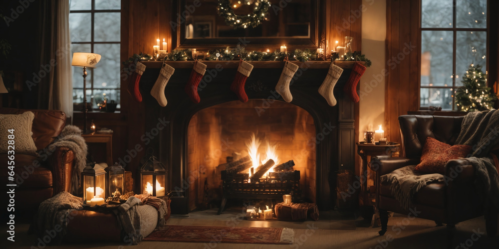 Cozy fireplace with stockings hung 