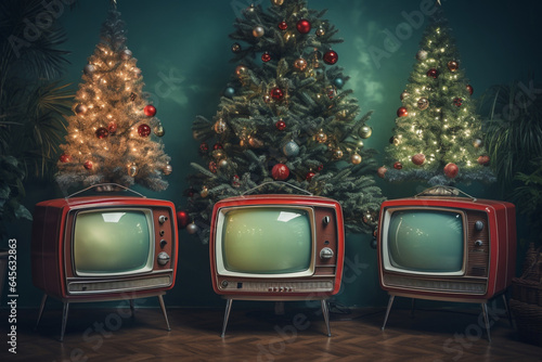 Old retro TV\'s and Christmas trees with decoration on green background. retro and vintage concept. Merry and happy New Year background.