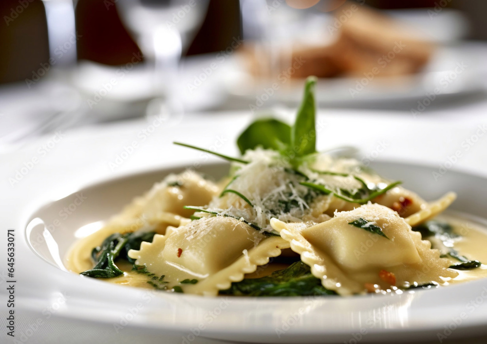 Ravioli pasta with spinach on plate in fine dining restaurant.Macro.AI Generative Ravioli pasta with spinach on plate in fine dining restaurant.Macro.AI Generative