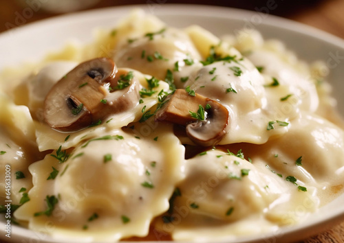 Plate with ravioli pasta with mushrooms and herbs on table.Macro.AI Generative