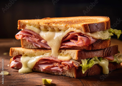 Grilled toasted sandwich with cheese and ham on wooden background.Macro.AI Generative