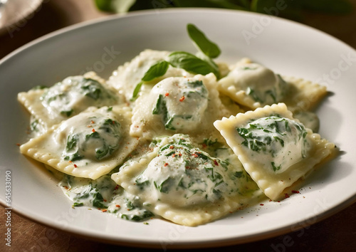 Vegetarian gluten free ravioli pasta with spinach on plate.Macro.AI Generative