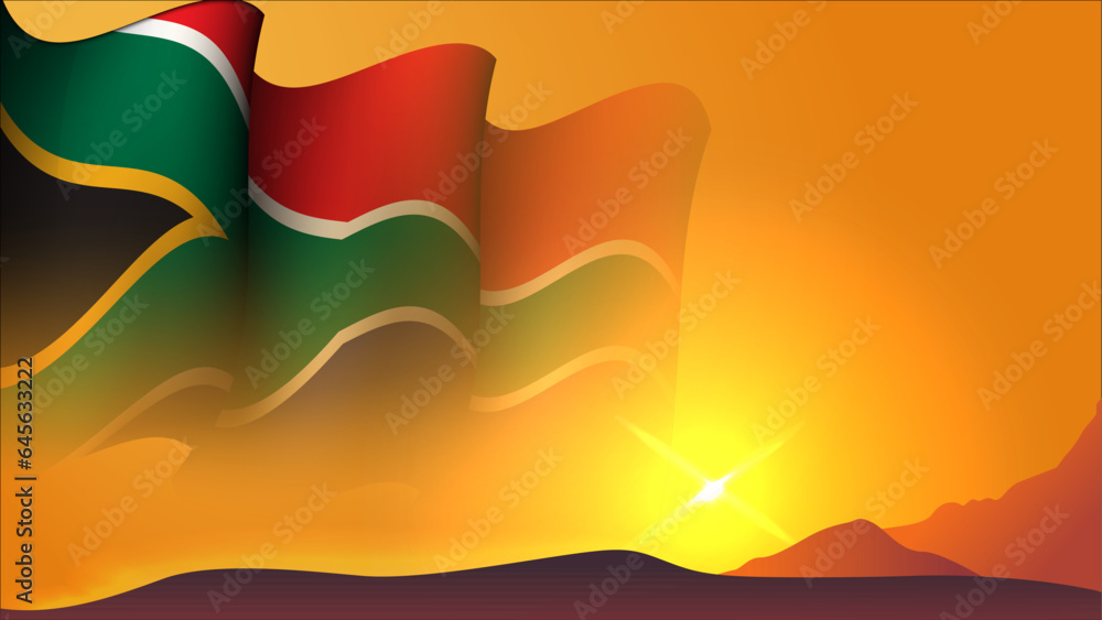 Fototapeta premium south africa waving flag concept background design with sunset view on the hill vector illustration