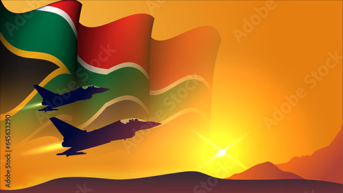 fighter jet plane with south africa waving flag background design with sunset view suitable for national south africa air forces day event