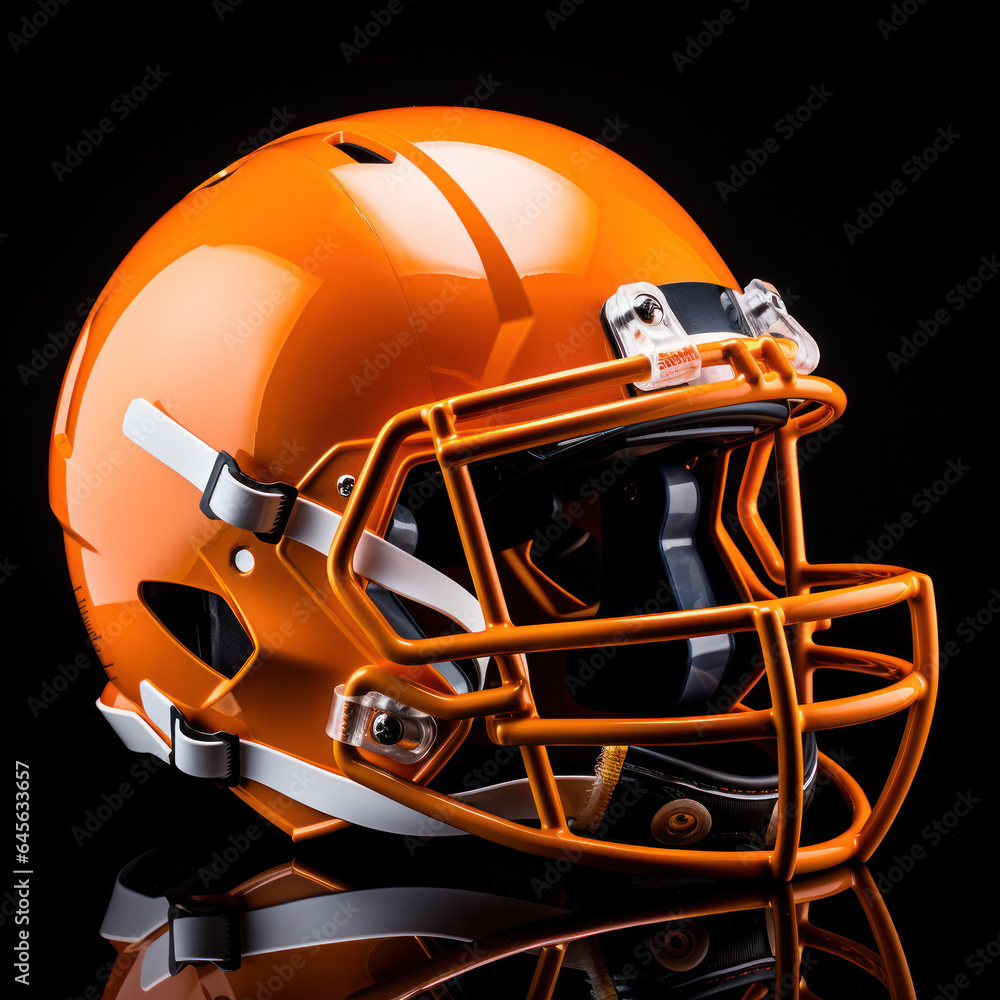 Fototapeta premium Side View of orange Football Helmet with Copy Space Isolated on White Background.