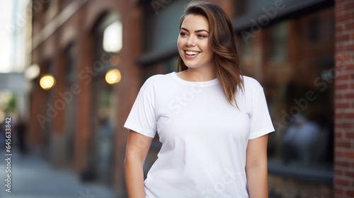 Sexy woman in a white T-shirt on old streeet background. Mock-up. photo