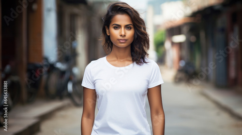 Sexy woman in a white T-shirt on old streeet background. Mock-up.
