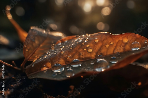 leaf with dew drops. 