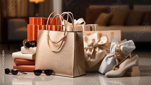 A shopping bag filled with designer labels and high-end fashion items, reflecting a luxurious shopping spree