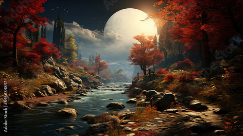 Painting of Winding Rivers with Autumn Atmosphere Foliage Below Beautiful Sky