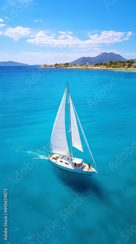 Aerial image of beautiful sailboat cruising in blue open ocean. Luxury white yacht. Generative AI © AngrySun