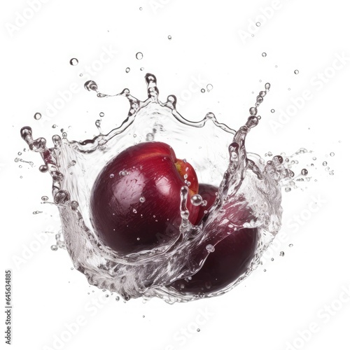 Plum fruit falling in water splash on white background