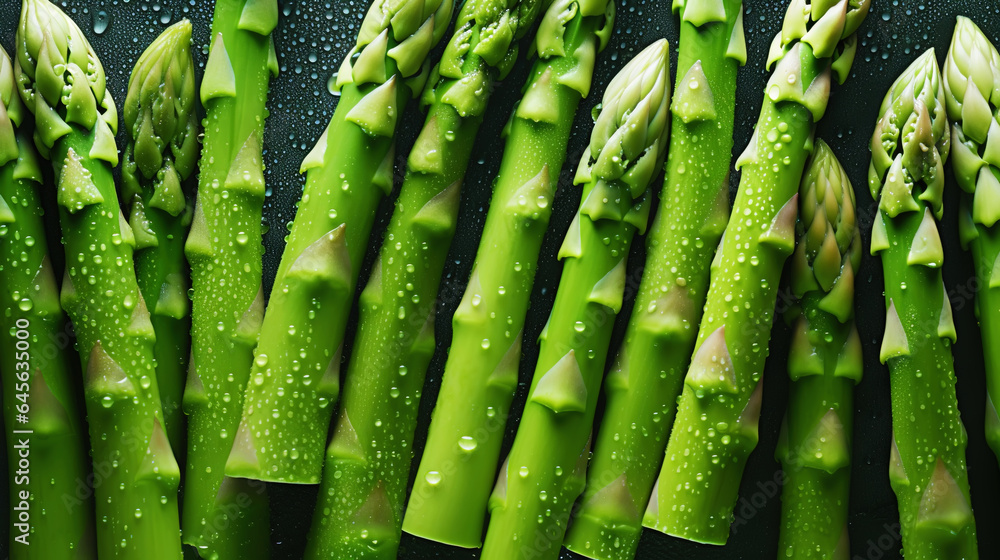 Fresh green asparagus with water drops background. Vegetables backdrop. Generative AI Fresh green asparagus with water drops background. Vegetables backdrop. Generative AI