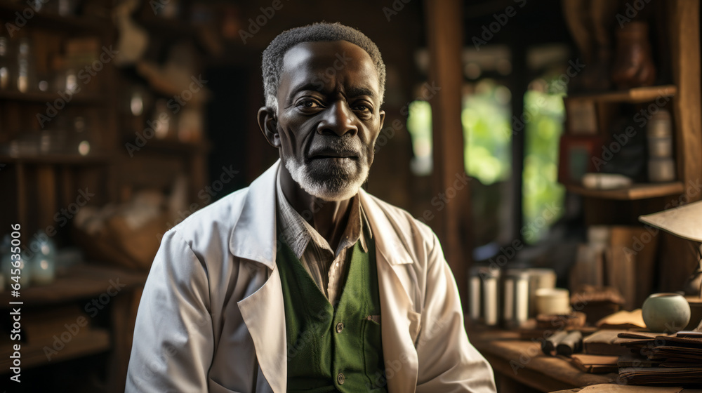 An old African doctor. In rural Africa. Wise man. Trustworthy. Pillar of the community. Distinguished. Helping humanity. Healthcare worker. White lab coat. Compassionate.