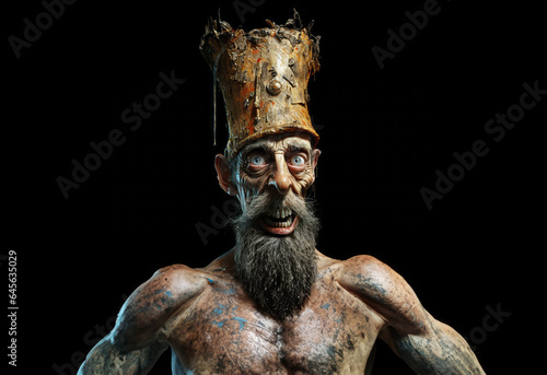 A grotesque man with a beard. Ugly man. Gaunt and unhealthy. Bad teeth. Painted. Weird. Odd. Quirky. Unusual. Gross. Creepy. Distorted face.