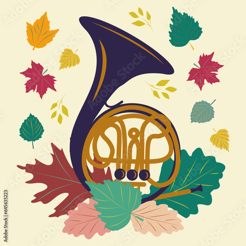 Artistic illustration with a trombone and autumn leaves. For music magazines; banners; concert banner template; country music, rock performance, invitation cards