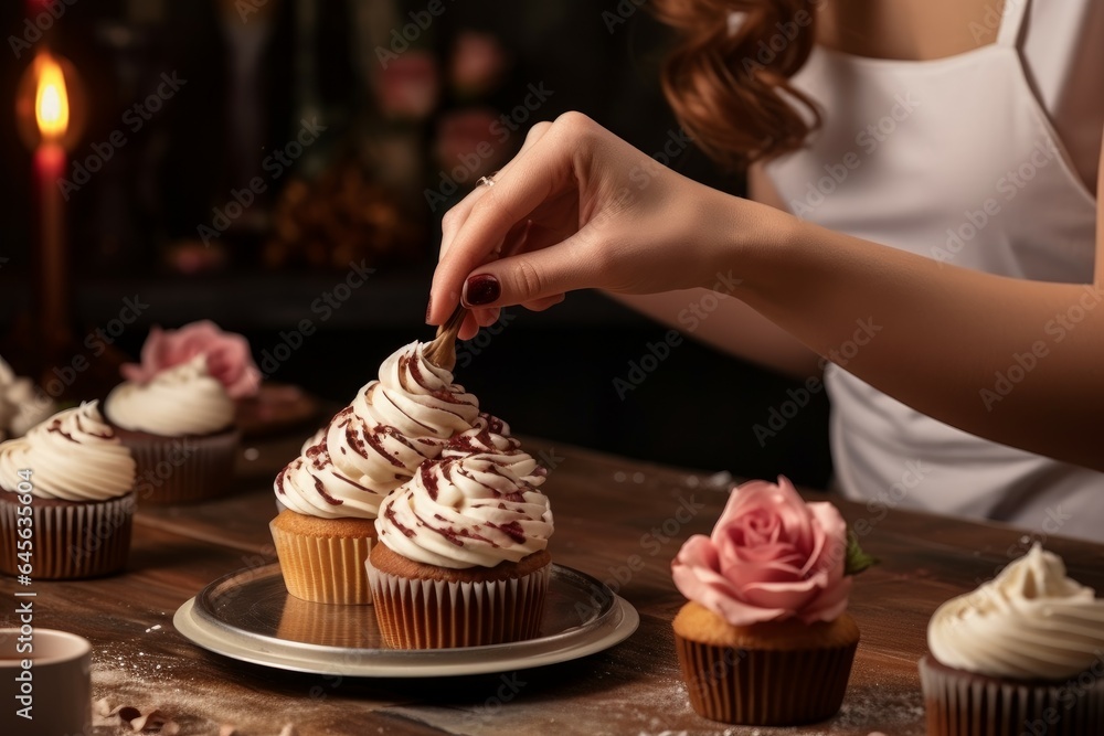 Female baker decorating cupcake. Generate Ai