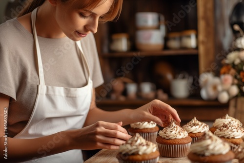 Foto Female baker decorating tasty cupcake. Generate Ai