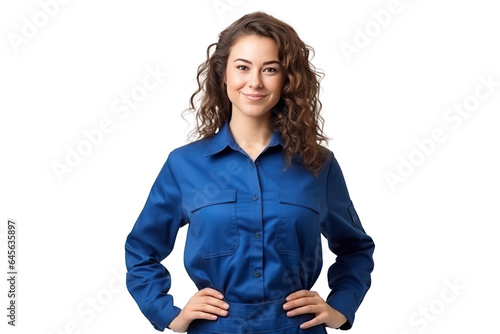 skillful woman technician in blue work clothes, png isolated on white transparent background