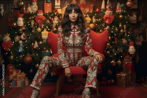 Girl full body shot fun armchair at Christmas. Generate Ai