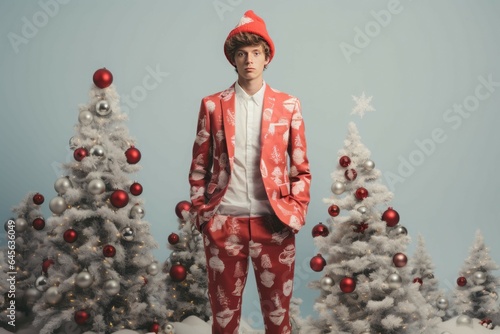 Boy full body shot near Christmas white trees. Generate Ai