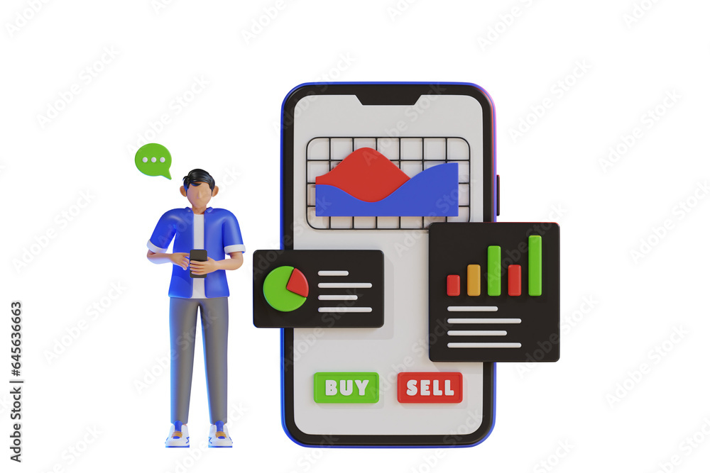 Investing in stock using mobile app 3d Illustration Investing in stock using mobile app 3d Illustration