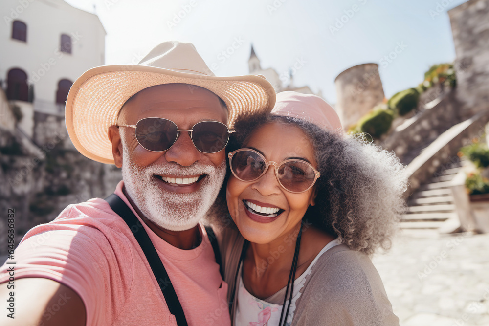 Interracial retired couple on summer travel vacation