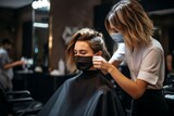 Hairdresser putting mask on woman at salon. Generate Ai