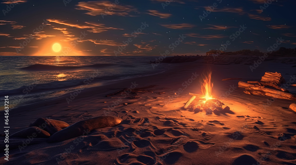 Travel Concept of Campfire During Sunset Evening Before Night at Beach