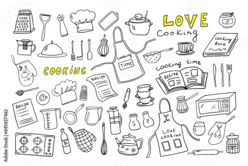 Сute set of kitchen tools, kitchenware, kitchen equipments in doodle style. Love cooking. Vector illustration for restaurant menu, recipe book, and wallpaper.