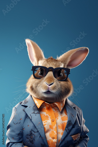 A Rabbit With Sunglasses Wearing Floral Shirt And Trendy Blue Suit Against Blue Background