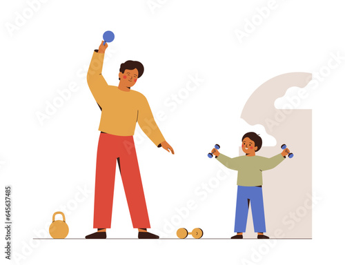 Father and son doing physical exercises with dumbbells at home. Man and small boy training at gym. Concept of healthy sports habits. Physical education  in family. Vector illustration