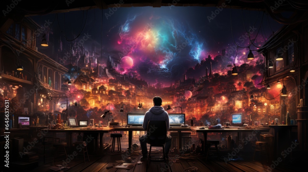 Collaborative developers surrounded by swirling illustrations. Collaborative developers surrounded by swirling illustrations.