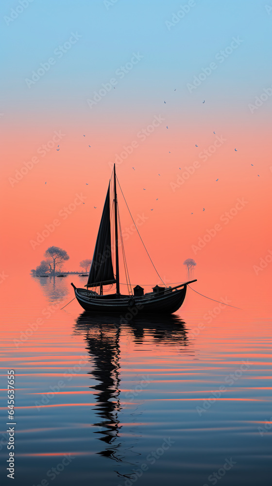 Naklejka premium Soilboat Floating in The Small Water Lake Under The Foggy Sky
