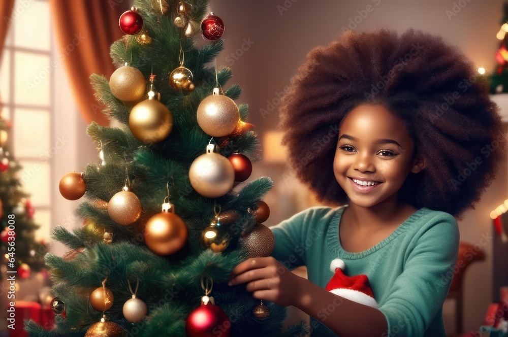 happy optimistic adorable afro beautiful woman decorating Christmas tree with happy, putting toys on branches, enjoying preparing for New Year celebration at home, miracle time concept