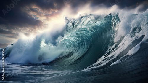 A dramatic ocean wave captured mid-crash. AI generative