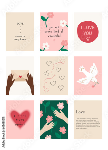 Set of cute posters with quotes about love, Valentine's Day greeting cards in modern, trendy colors.