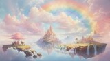 Pastel Dreams: Ethereal Landscape with Floating Islands and Double Rainbow