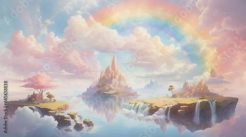 Pastel Dreams: Ethereal Landscape with Floating Islands and Double Rainbow