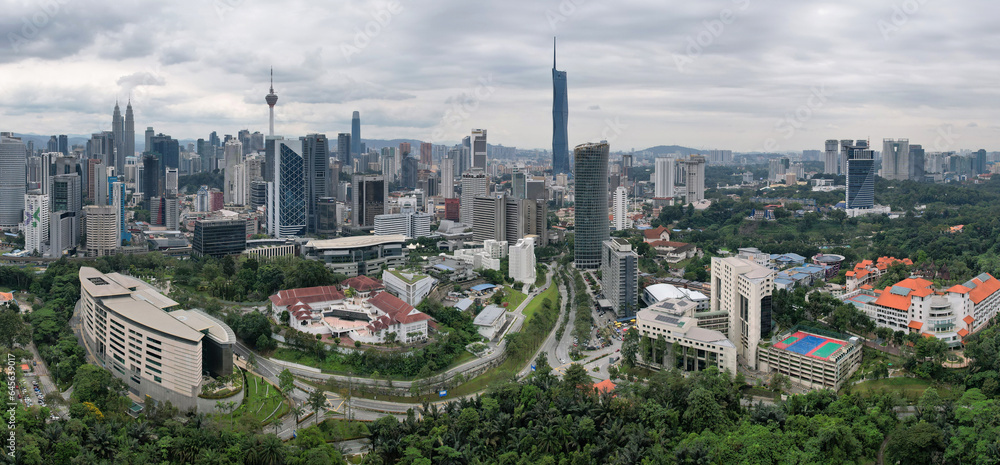 Panoramic aerial view of Kuala Lumpur on cloudy day. Malaysia.