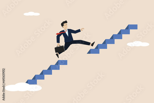 Skills gap, businessman skills, career problem or talent barrier, businessman climbs the ladder to find the threshold gap to achieve the goal. Illustration of a successful businessman.