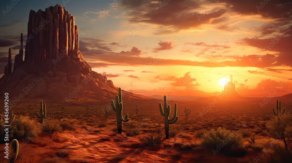 A desert scene with a lone cactus under a radiant sunset. AI generative
