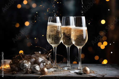 celebration, christmas, bubble, drink, gold, luxury, wine, alcohol, champagne, event. anniversary party is coming celebrate. luxury champagne put on night dinner with confetti falling behind that.